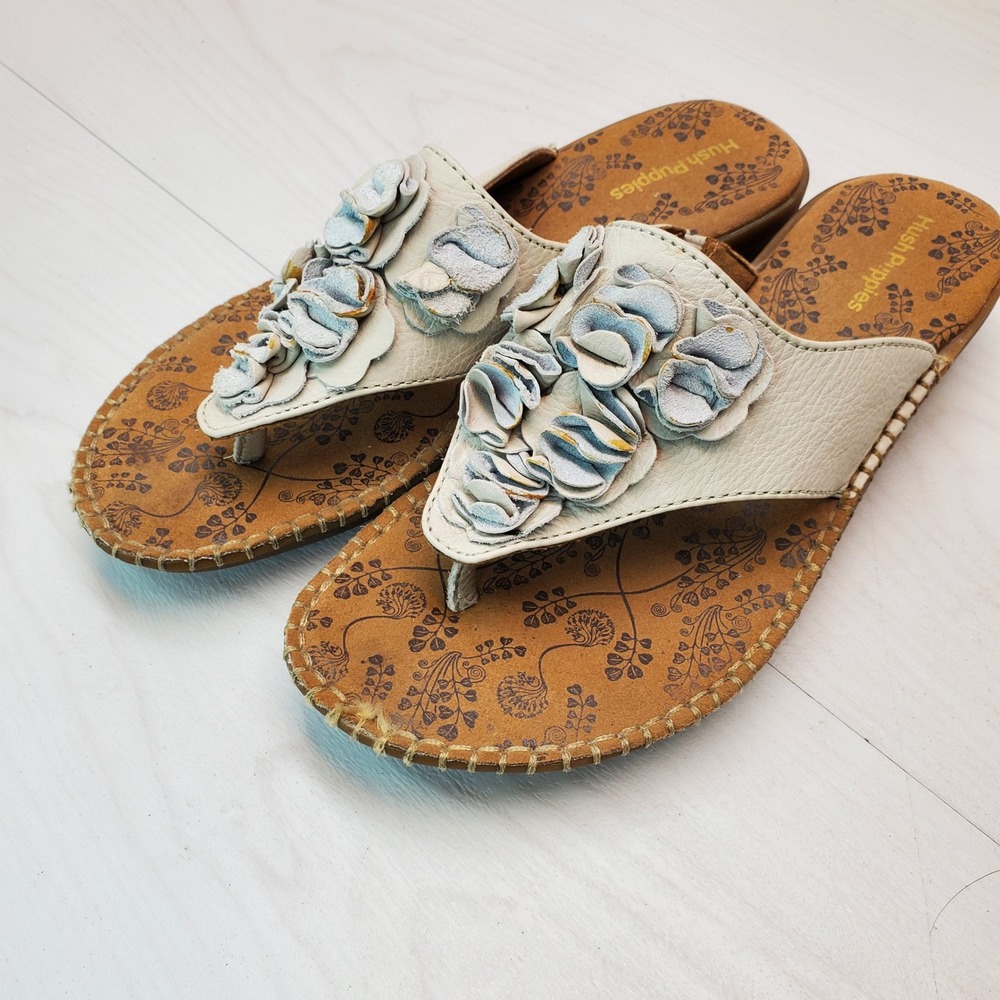 Hush Puppies Womens Leather Thong Sandals Embellished‎ Floral Beige Size 8M